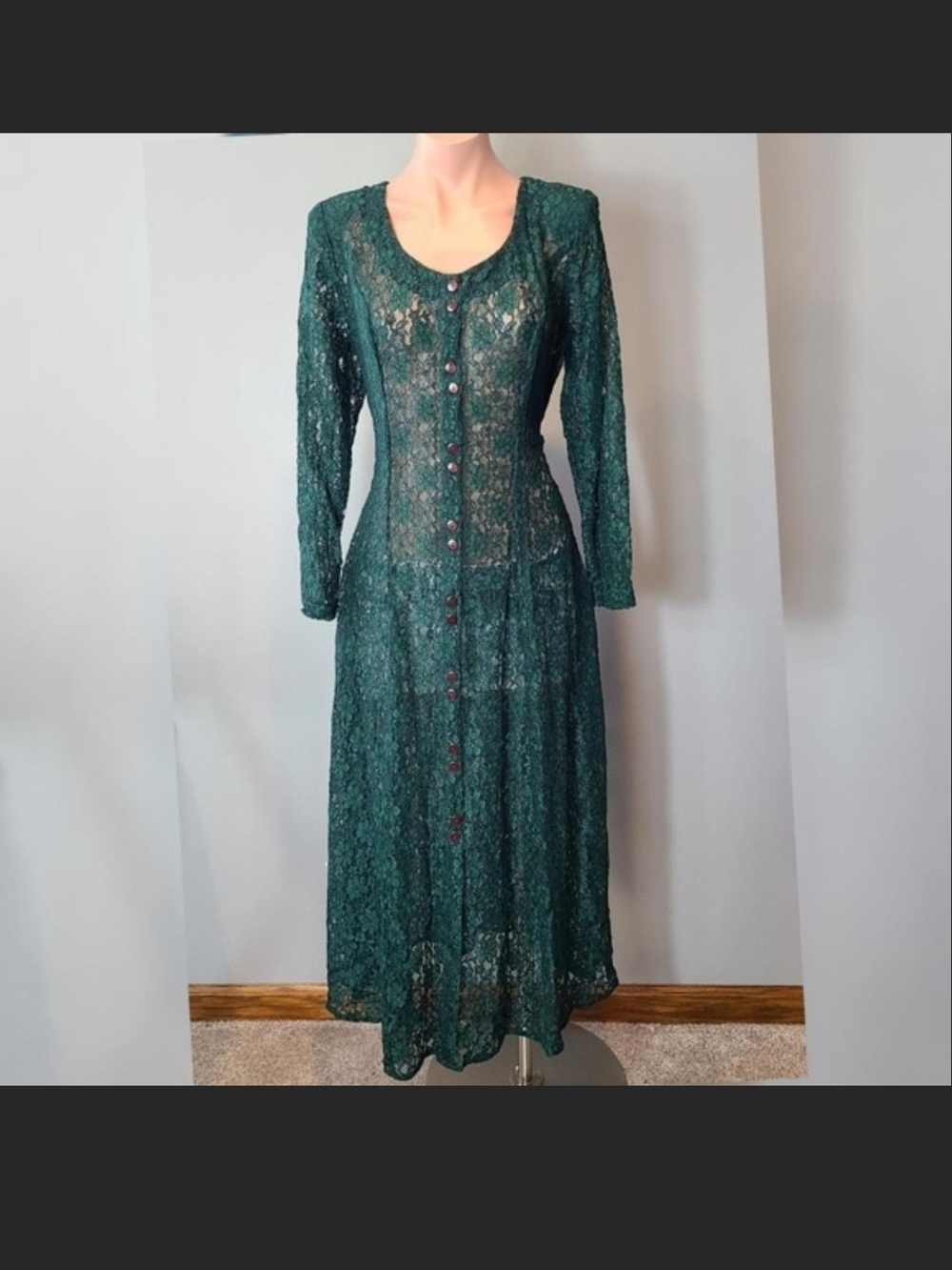 Vintage 90s Victorian emerald Green tie back lace maxi sheer dress Fairy Grunge